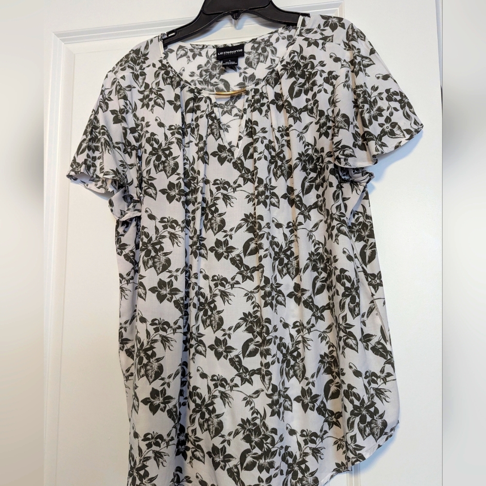 Liz Claiborne Dark Green and White Floral Blouse